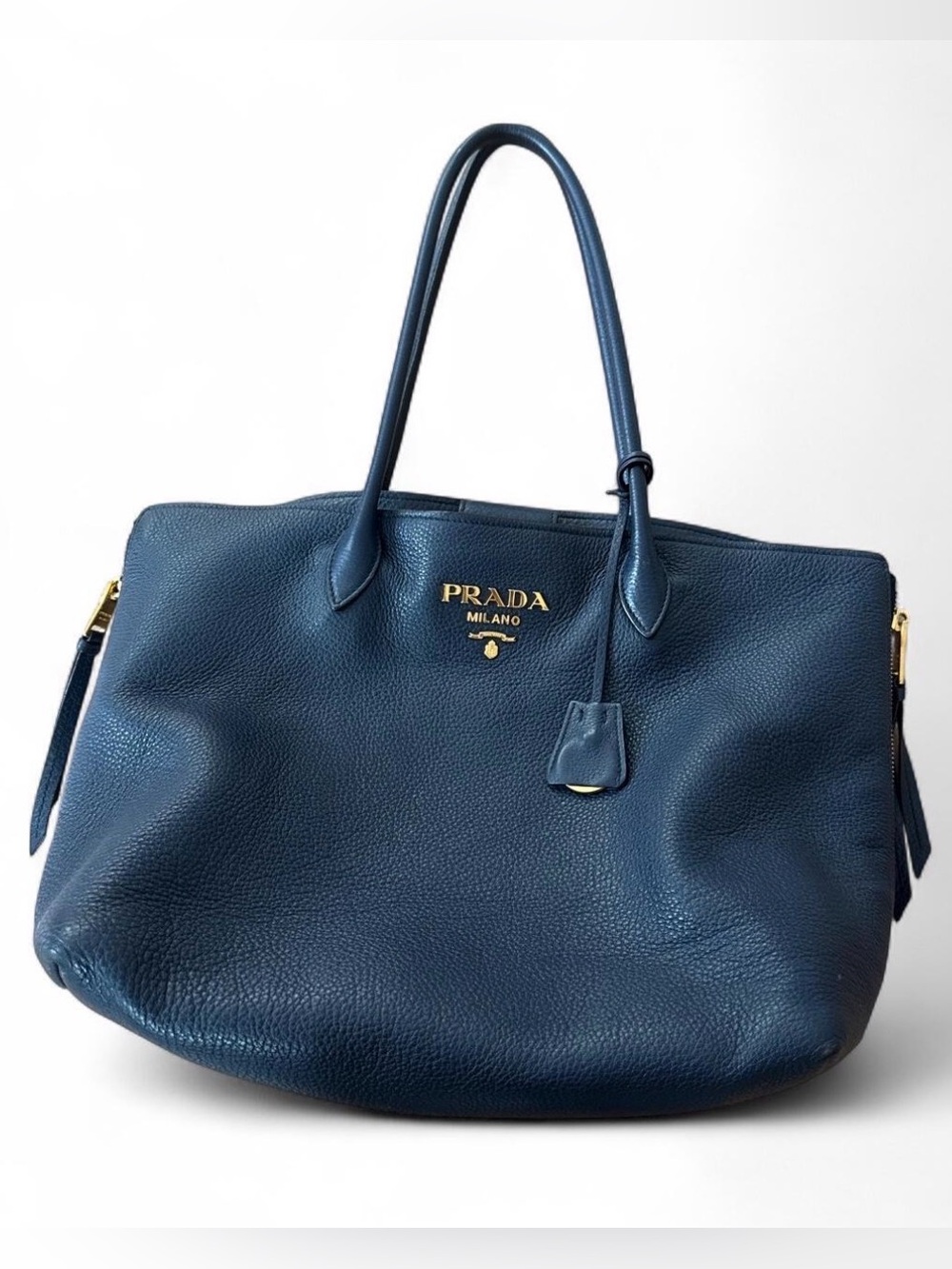 Prada Blue Pebbled Leather Tote Bag – Gold Hardware